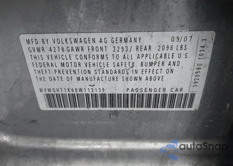 2008 Volkswagen Gti 4-Door/4-Door (M6) (Eop Cw 21/08) from USA, damaged, VIN WVWGV71K68W112139